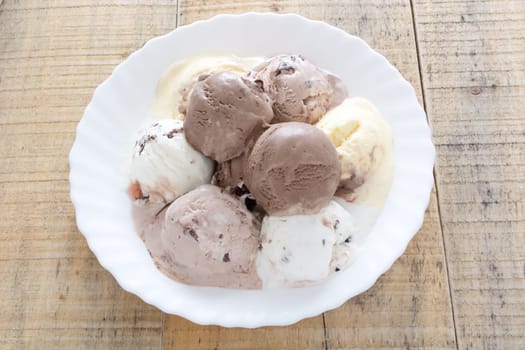 Scoops of chocolate ice cream in the white plate