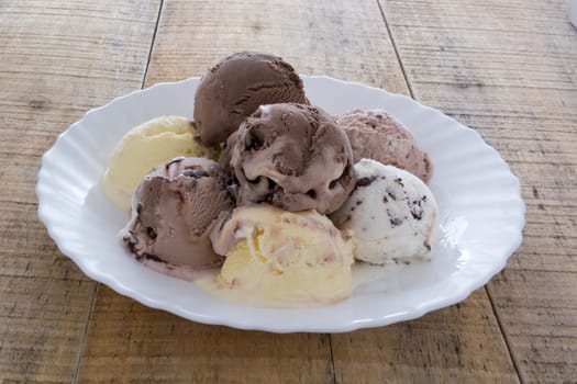 Scoops of chocolate ice cream in the white plate
