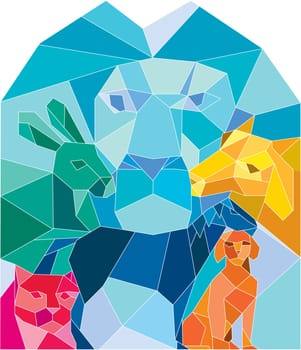Low polygon style illustration of a lion, rabbit, cat, horse, dog and goat viewed from front set on isolated white background.