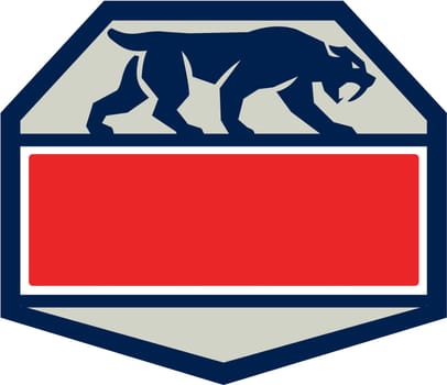 Illustration of a saber tooth tiger or sabre-tooth cat with long, curved saber-shaped canine teeth of which the best known genera is Smilodon walking viewed from the side set inside hexagon shape done in retro style.