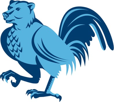 Illustration of a half bear half chicken hybrid marching looking to the side set on isolated white background done in retro style.