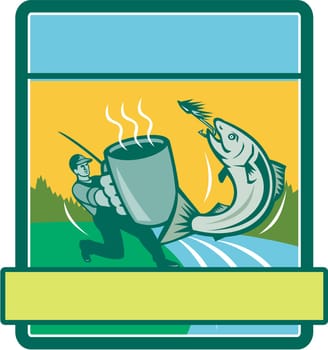 Illustration of a fly fisherman fishing holding mug catching salmon viewed from the side set inside rectangle shape with river sea and trees in the background done in retro style.