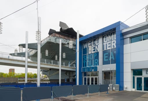 NEW YORK CITY - MAY 1, 2016: Entrance of the Intrepid museum in Manhattan. New York City’s Intrepid Sea, Air & Space Museum Complex is an educational and cultural non-profit institution centered on the aircraft carrier Intrepid