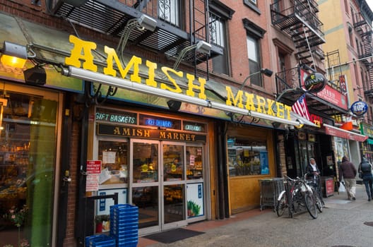 NEW YORK CITY, USA - APRIL 26, 2016: Exterior of an Amish market in Manhattan. The Amish are committed to a simple life where one is almost completely self-sufficient with regard to food and everyday necessities