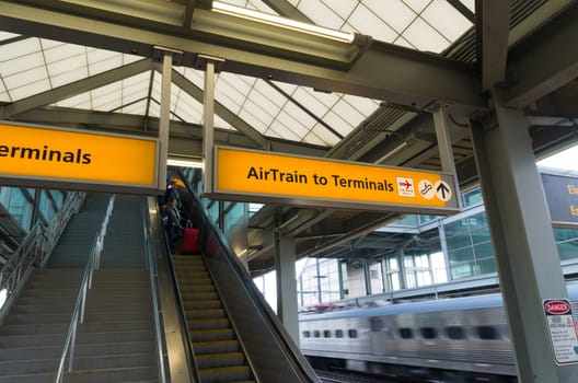 NEWARK, USA - APRIL 26, 2016: Escalator to the terminals at newark liberty international airport station. Newark is the sixth busiest airport in the United States