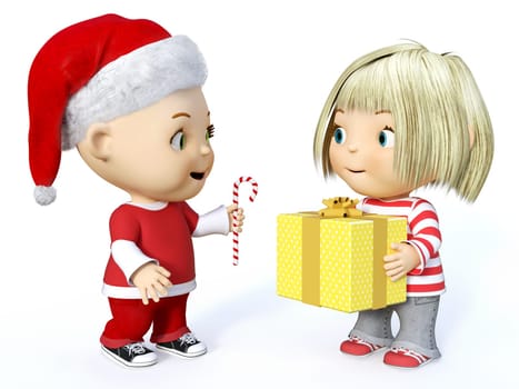 Cute smiling cartoon toddler boy dressed in Santa clothes and a girl holding Christmas gift, 3D rendering. White background.