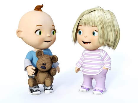 Cute smiling cartoon toddler boy and girl looking at each other, 3D rendering. White background.