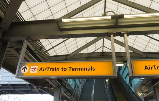 NEWARK, USA - APRIL 26, 2016: Escalator to the terminals at newark liberty international airport station. Newark is the sixth busiest airport in the United States