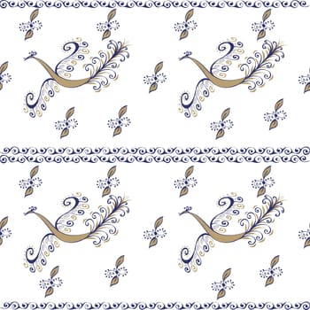 Vintage fairy bird. Ethnic seamless ornament vector background.