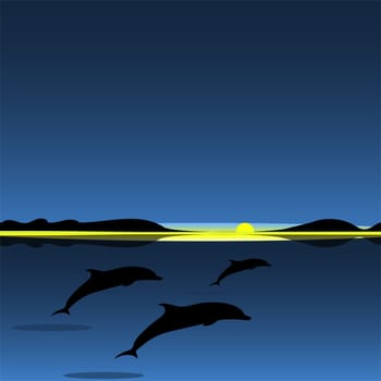 Dolphins family sea animal landscape. Art vector illustration.