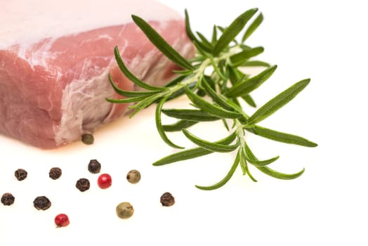 Green rosemary with meat and peppercorns on a white background