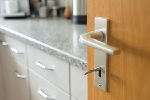 Door with handle and key to the kitchen with kitchen appliances