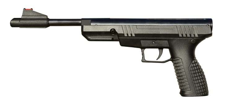 Black airgun pistol isolated on white background.