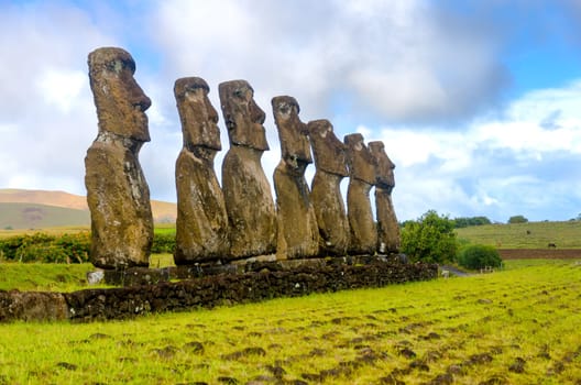 Seven Moai statues watching over Easter Island, Chile