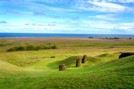 Moai looking out towards the Pacific Ocean on Easter Island, Chile