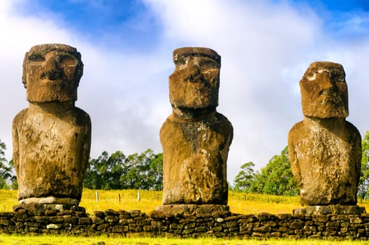 Three Moai statues on Easter Island, Chile