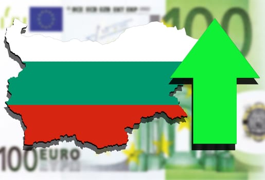 bulgaria map on euro money and green arrow up