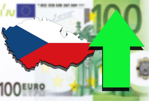 czech republic map on euro money background green arrow rising