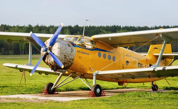 MINSK, BELARUS - MAY 07, 2016: The Antonov An-2 is a Soviet mass-produced single-engine biplane utility agricultural aircraft designed and manufactured by the Antonov Design Bureau beginning in 1946.