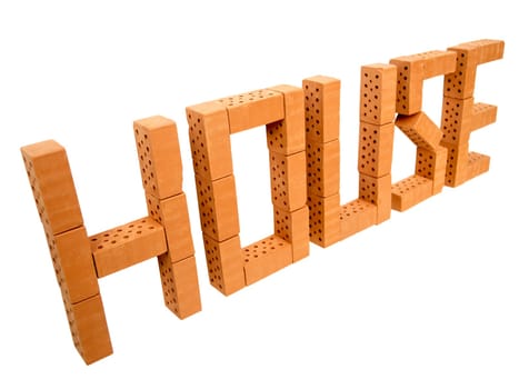 The word "house"" made of mini bricks on a white background."