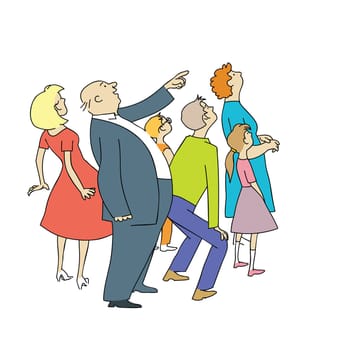 The crowd of onlookers watching. The audience can see something. Color drawing