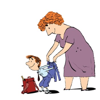 Grandma or the nanny accompanies her grandson to school. Adults and children. Morning boy. Color sketch drawing