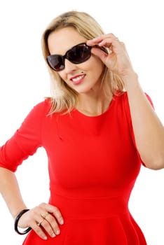 middle aged woman in red dress with sunglasses