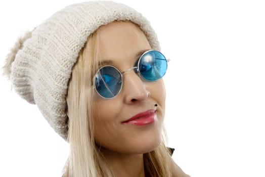 Portrait of a beautiful blond middle-aged woman with sunglasses