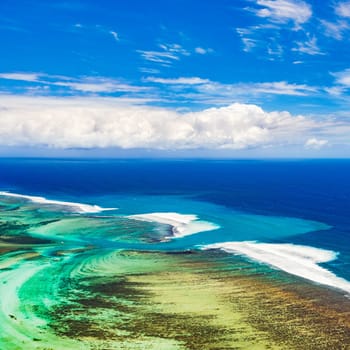 Aerial view of the underwater channel. Amazing Mauritius landscape