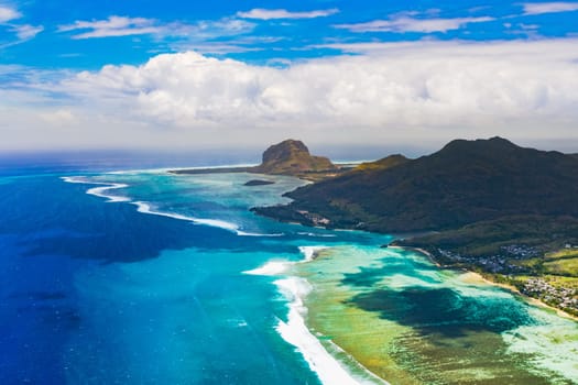 Aerial view of Le Morne Brabant peninsula. Amazing Mauritius landscape
