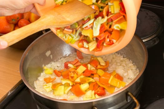 Adding fresh and chopped vegetables in stew
