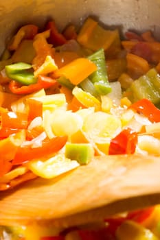 Cooking stew with fresh vegetables in a pot. Mixing it with mixing spoon