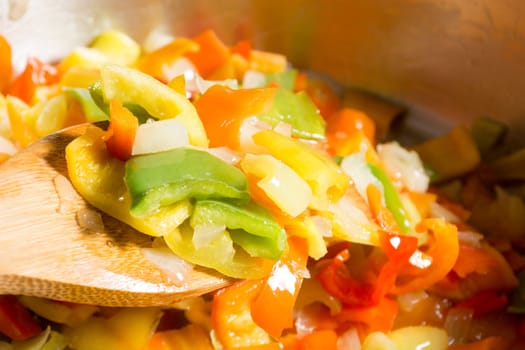 Cooking stew with fresh vegetables in a pot. Mixing it with mixing spoon