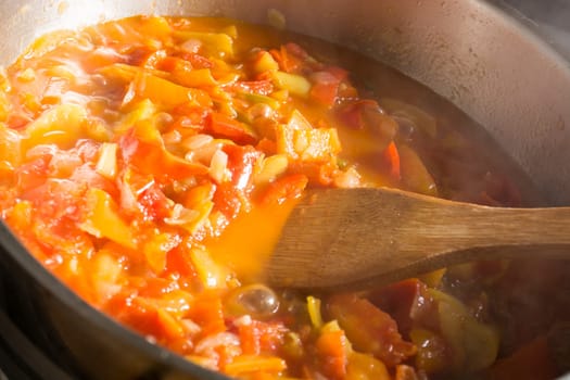 Cooking stew with fresh vegetables in a pot. Mixing it with mixing spoon