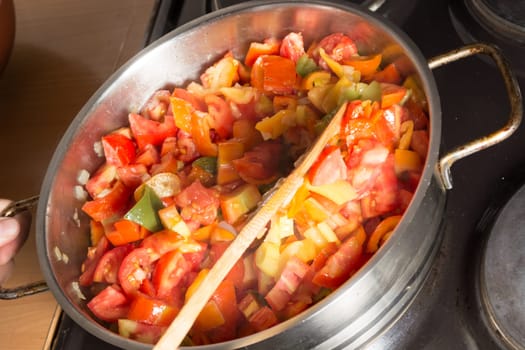 Cooking stew with fresh vegetables in a pot. Mixing it with mixing spoon