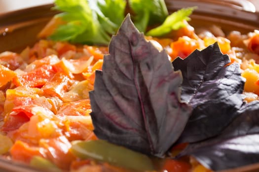 Closeup of delicious stew with mixed vegetables, arranged with green and purple leaves