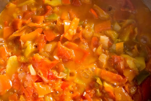 Cooking stew with fresh vegetables in a pot. Mixing it with mixing spoon