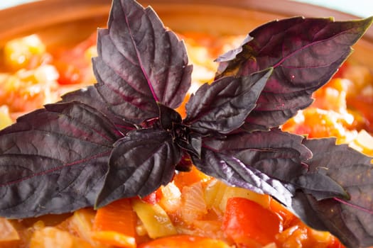 Closeup of delicious stew with mixed vegetables, arranged with purple leaves