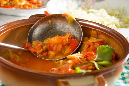 Closeup of vegan stew, half eaten with ladle