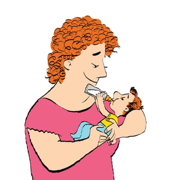 Joyful woman feeds the baby milk from a bottle. Childhood and motherhood. Son and mom