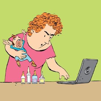 Mother treats the child, reading medical sites. Medicine and health. Modern technology