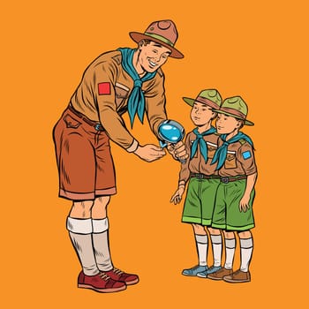 scoutmaster shows little insect to young scouts. Pop art retro vector illustration. Nature and science
