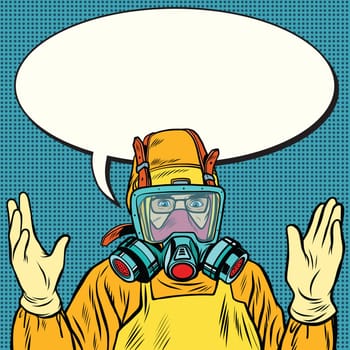 Scientist chemist in protective suit, lab. Pop art retro vector illustration