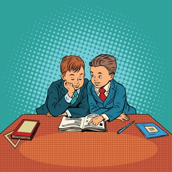 Two friends in school. Pop art retro vector illustration. Education and friendship between children