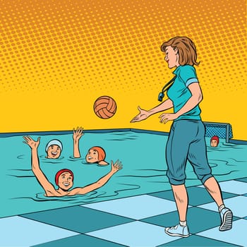 coach playing with children sport water Polo. Pop art retro vector illustration. A woman in the profession