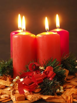 Advent candles with decoration, selective focus