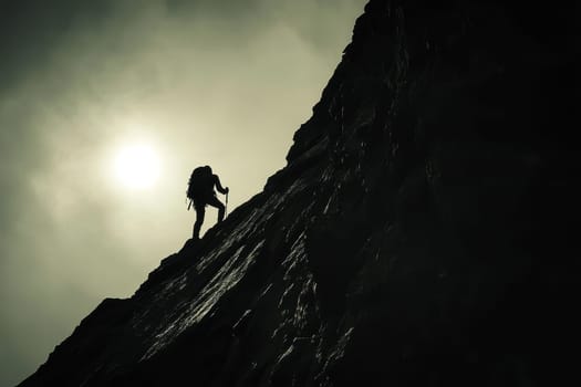 A determined climber ascends a steep rock face, silhouetted against a dramatic sky with the sun shining through clouds. Perfect for adventure themes.