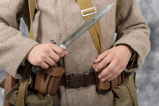 Close-up of the bayonet of a Soviet soldier, wwii