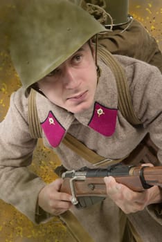 young Soviet soldier ww2 with rifle, attack