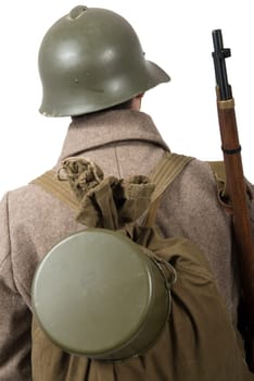 young Soviet soldier with winter uniform, back view, isolated on the white background